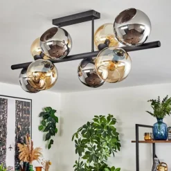 hofstein Koyoto Plafonnier, Boule lumineuse Ambre, Chrome, Fumé, 8 lumières