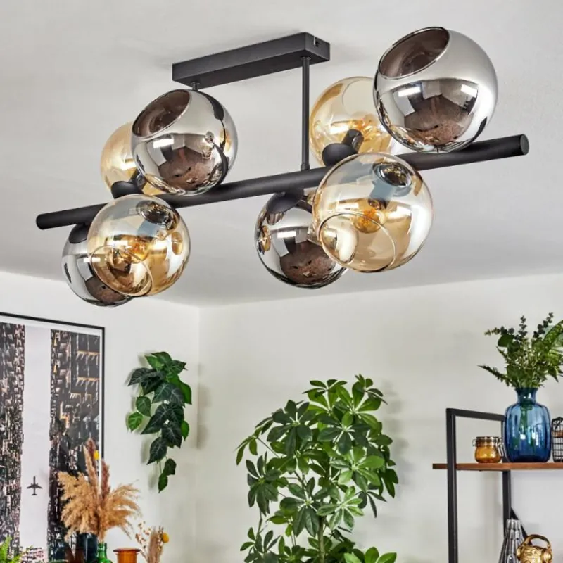 hofstein Koyoto Plafonnier, Boule lumineuse Ambre, Chrome, Fumé, 8 lumières