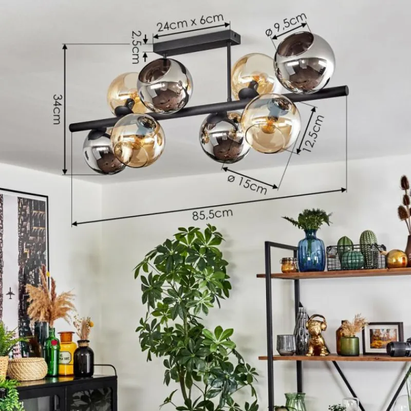 hofstein Koyoto Plafonnier, Boule lumineuse Ambre, Chrome, Fumé, 8 lumières