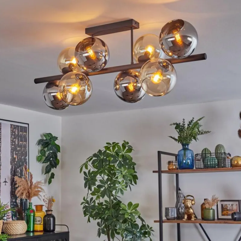 hofstein Koyoto Plafonnier, Boule lumineuse Ambre, Chrome, Fumé, 8 lumières