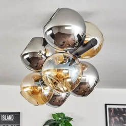 hofstein Koyoto Plafonnier, Boule lumineuse Ambre, Chrome, Fumé, 8 lumières