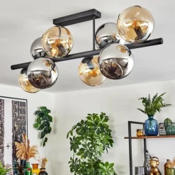 hofstein Koyoto Plafonnier, Boule lumineuse Ambre, Chrome, Fumé, 8 lumières