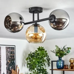 hofstein Koyoto Plafonnier, Boule lumineuse Ambre, Chrome, Fumé, 3 lumières