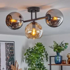 hofstein Koyoto Plafonnier, Boule lumineuse Ambre, Chrome, Fumé, 3 lumières