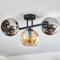 hofstein Koyoto Plafonnier, Boule lumineuse Ambre, Chrome, Fumé, 3 lumières