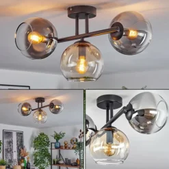 hofstein Koyoto Plafonnier, Boule lumineuse Ambre, Chrome, Fumé, 3 lumières