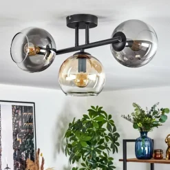 hofstein Koyoto Plafonnier, Boule lumineuse Ambre, Chrome, Fumé, 3 lumières
