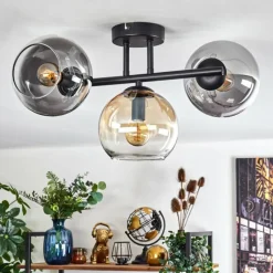 hofstein Koyoto Plafonnier, Boule lumineuse Ambre, Chrome, Fumé, 3 lumières