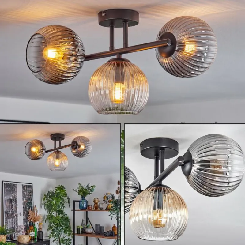 Suspension Verre Fumé-hofstein Koyoto Plafonnier, Boule lumineuse Ambre, Clair, Fumé, 3 lumières