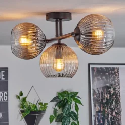 Suspension Verre Fumé-hofstein Koyoto Plafonnier, Boule lumineuse Ambre, Clair, Fumé, 3 lumières