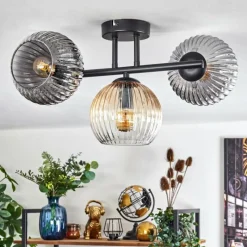 Suspension Verre Fumé-hofstein Koyoto Plafonnier, Boule lumineuse Ambre, Clair, Fumé, 3 lumières