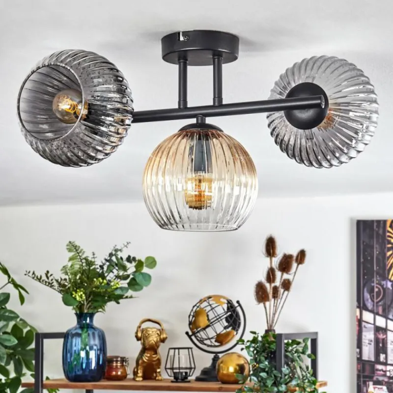 Suspension Verre Fumé-hofstein Koyoto Plafonnier, Boule lumineuse Ambre, Clair, Fumé, 3 lumières