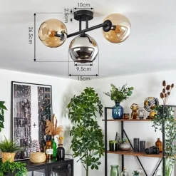 hofstein Koyoto Plafonnier, Boule lumineuse Ambre, Chrome, Fumé, 3 lumières