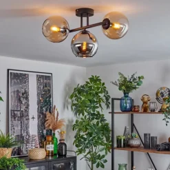 hofstein Koyoto Plafonnier, Boule lumineuse Ambre, Chrome, Fumé, 3 lumières