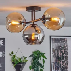 hofstein Koyoto Plafonnier, Boule lumineuse Ambre, Chrome, Fumé, 3 lumières