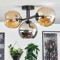 hofstein Koyoto Plafonnier, Boule lumineuse Ambre, Chrome, Fumé, 3 lumières