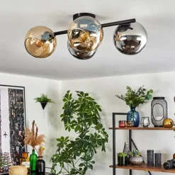 hofstein Koyoto Plafonnier, Boule lumineuse Ambre, Chrome, Fumé, 4 lumières