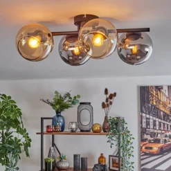 hofstein Koyoto Plafonnier, Boule lumineuse Ambre, Chrome, Fumé, 4 lumières