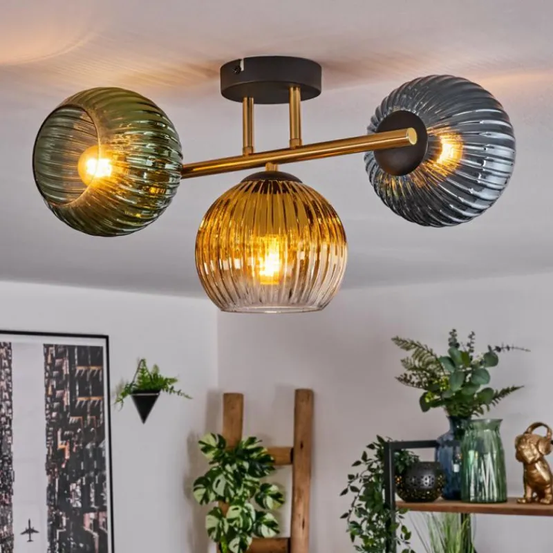 Lampes Dorées-hofstein Koyoto Plafonnier, Boule lumineuse 30 cm Or, Noir, 3 lumières