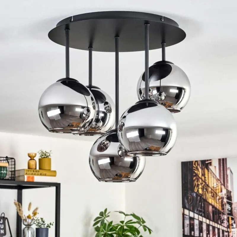 hofstein Koyoto Plafonnier, Boule lumineuse 45 cm Chrome, Fumé, 5 lumières