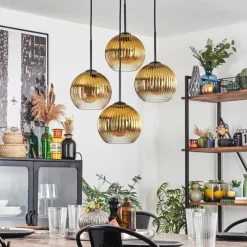 Lampes Dorées-hofstein Koyoto Suspension, Boule lumineuse 35 cm Or, Clair, 4 lumières