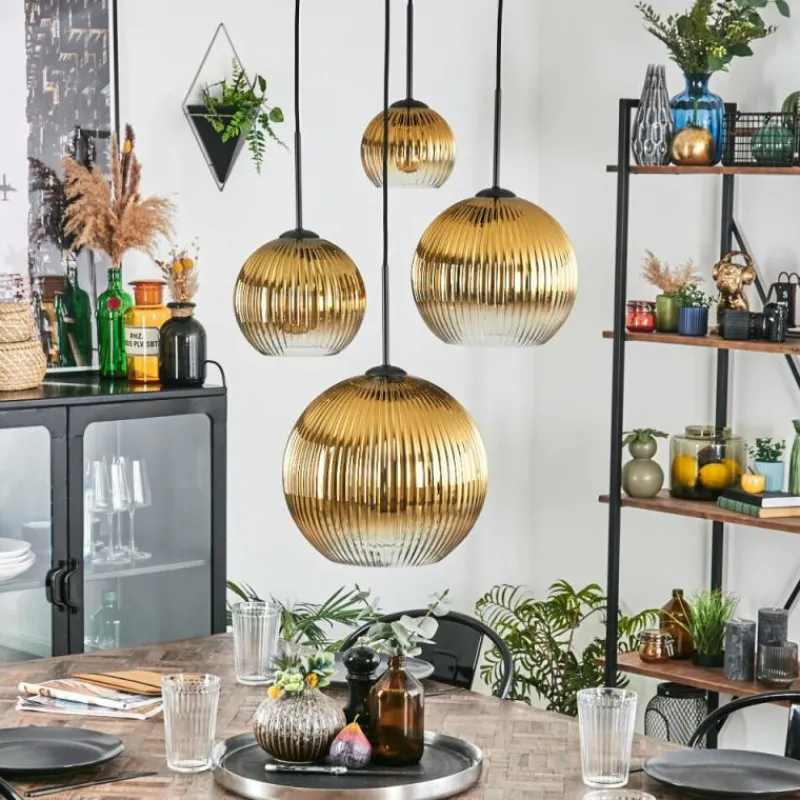 Lampes Dorées-hofstein Koyoto Suspension, Boule lumineuse, Suspension Or, Clair, 4 lumières