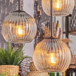 hofstein Koyoto Suspension, Boule lumineuse, Suspension Ambre, Clair, Fumé, 4 lumières