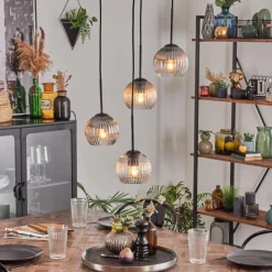 hofstein Koyoto Suspension, Boule lumineuse, Suspension Ambre, Clair, Fumé, 4 lumières