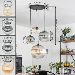 hofstein Koyoto Suspension, Boule lumineuse, Suspension Ambre, Clair, Fumé, 4 lumières