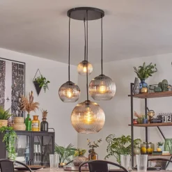 hofstein Koyoto Suspension, Boule lumineuse, Suspension Ambre, Clair, Fumé, 4 lumières