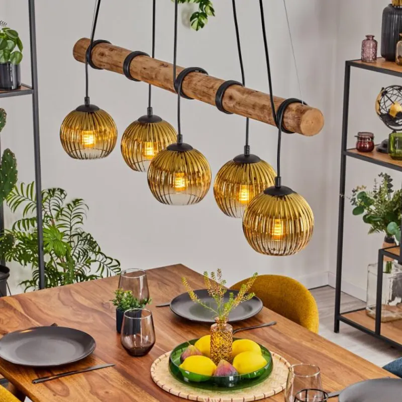 Lampes Dorées-hofstein Koyoto Suspension, Boule lumineuse, Suspension Écru, Noir, 5 lumières