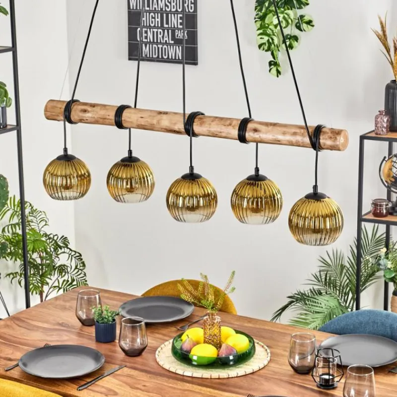 Lampes Dorées-hofstein Koyoto Suspension, Boule lumineuse, Suspension Écru, Noir, 5 lumières