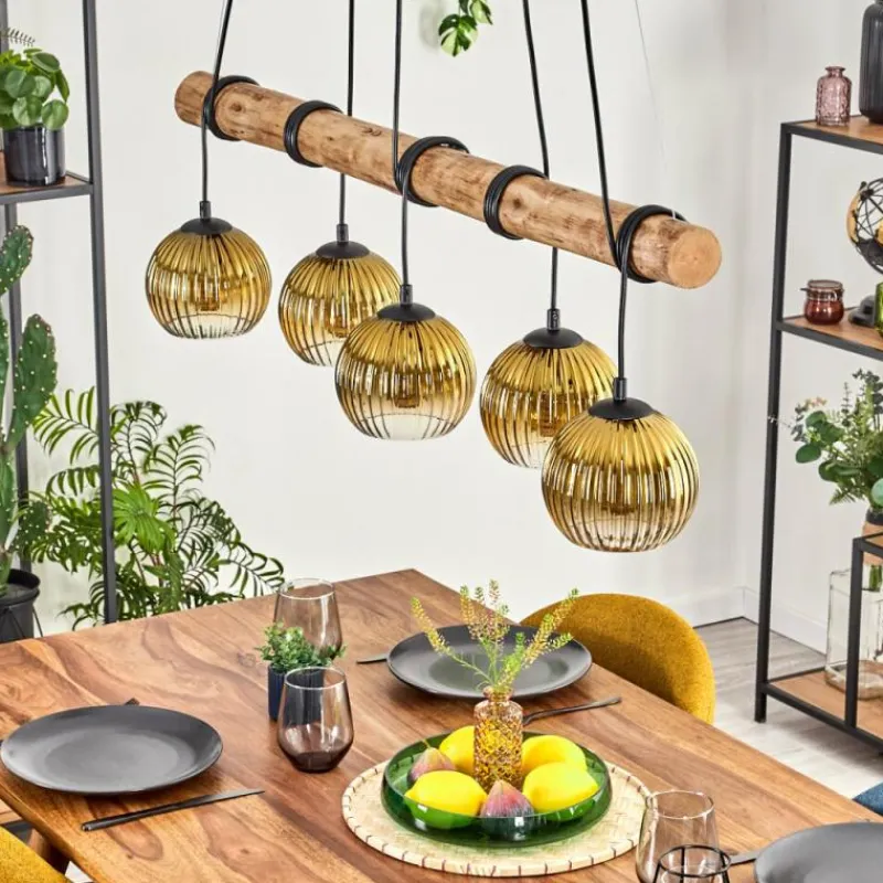 Lampes Dorées-hofstein Koyoto Suspension, Boule lumineuse, Suspension Écru, Noir, 5 lumières