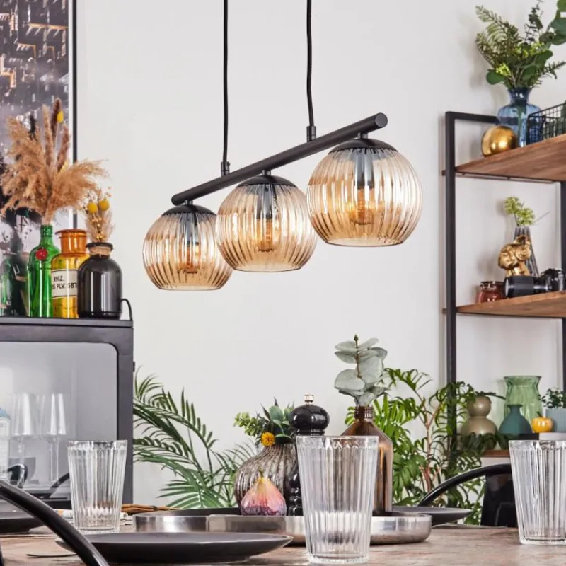 Lampes À Boules-hofstein Koyoto Suspension, Boule lumineuse, Suspension Ambre, 3 lumières