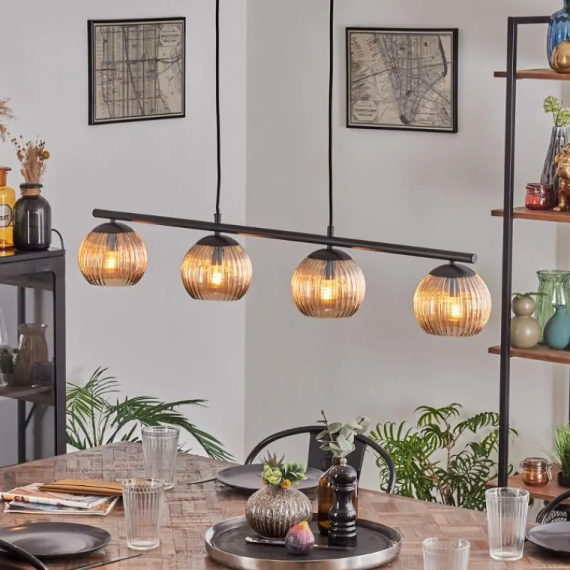 hofstein Koyoto Suspension, Boule lumineuse, Suspension Ambre, 4 lumières