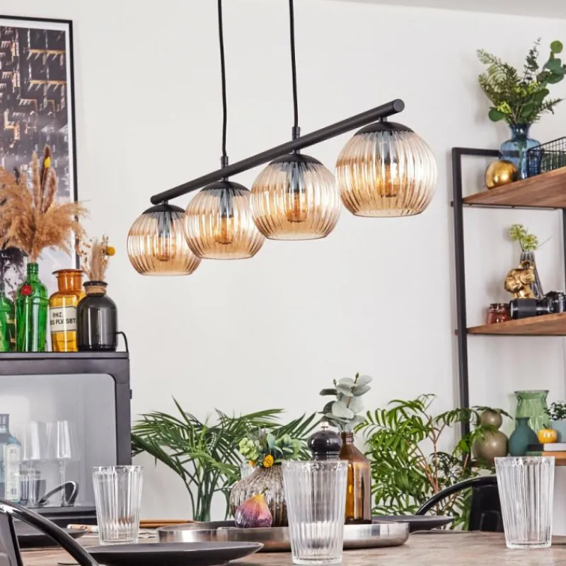 hofstein Koyoto Suspension, Boule lumineuse, Suspension Ambre, 4 lumières