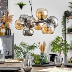 hofstein Koyoto Suspension, Boule lumineuse, Suspension Ambre, Chrome, Fumé, 8 lumières