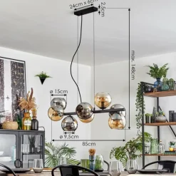 hofstein Koyoto Suspension, Boule lumineuse, Suspension Ambre, Chrome, Fumé, 8 lumières