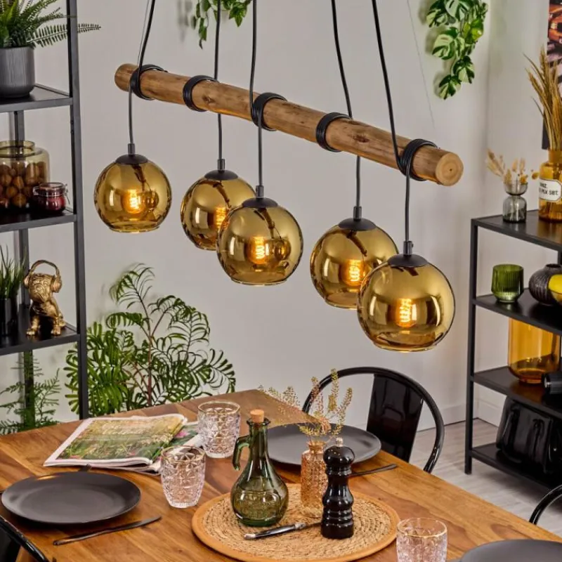 Lampes Dorées-hofstein Koyoto Suspension, Boule lumineuse, Suspension Écru, Noir, 5 lumières