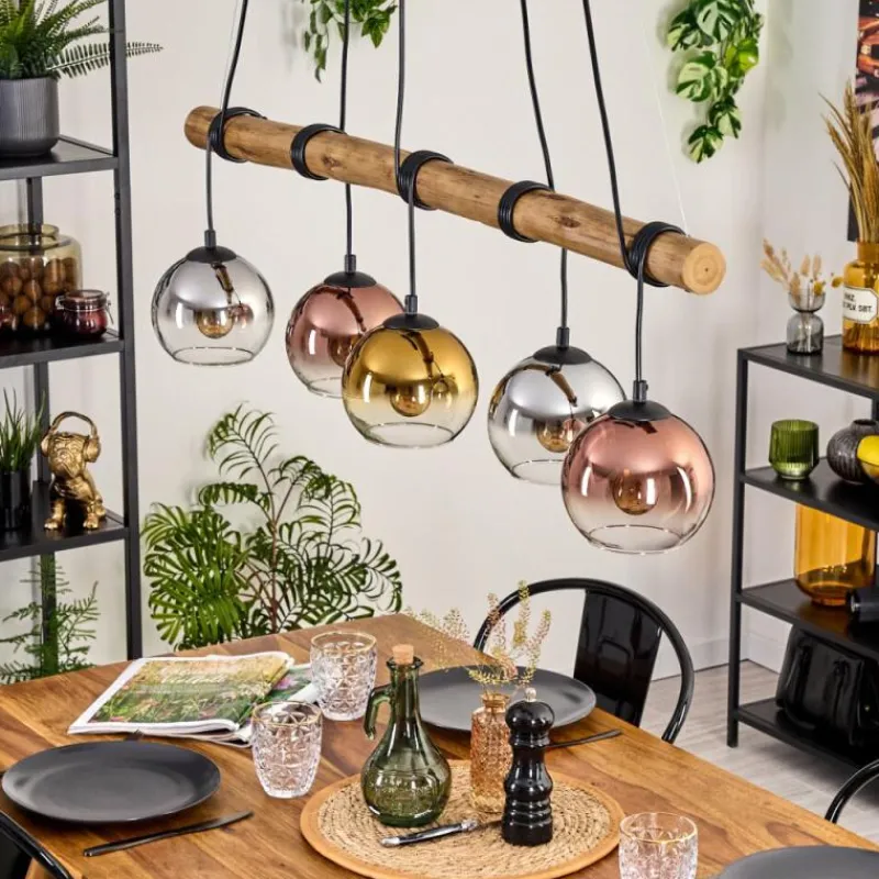 Lampes Dorées-hofstein Koyoto Suspension, Boule lumineuse, Suspension Écru, Noir, 5 lumières