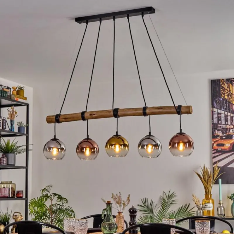 Lampes Dorées-hofstein Koyoto Suspension, Boule lumineuse, Suspension Écru, Noir, 5 lumières