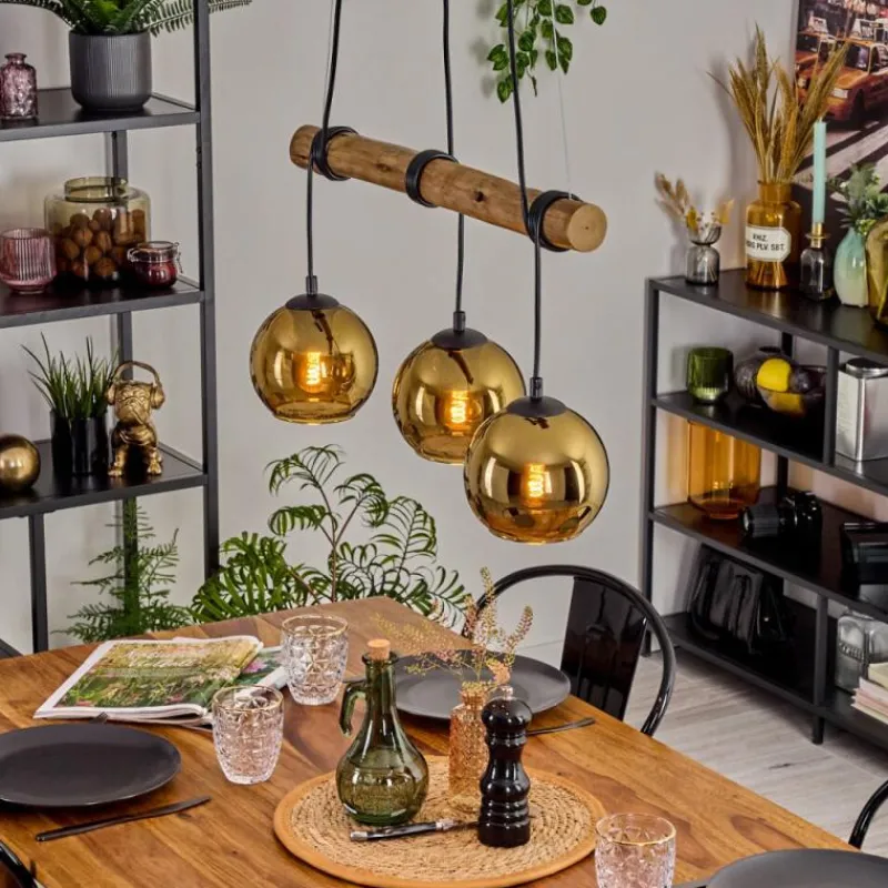 Lampes Dorées-hofstein Koyoto Suspension, Boule lumineuse, Suspension Écru, Noir, 3 lumières