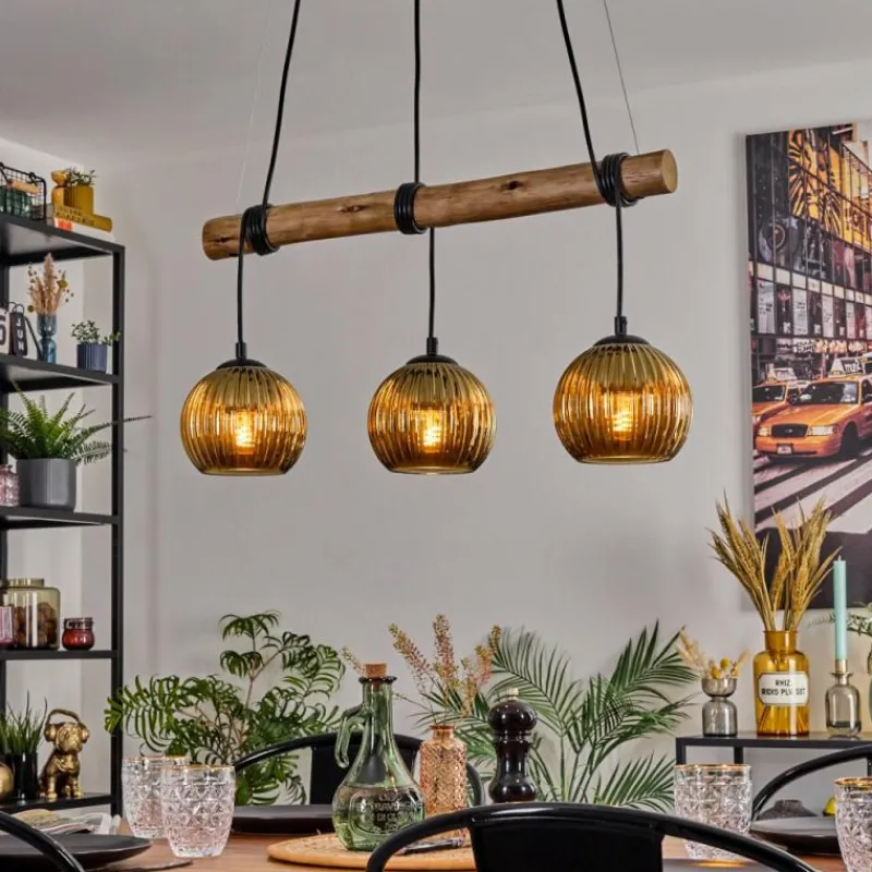 Lampes Dorées-hofstein Koyoto Suspension, Boule lumineuse, Suspension Écru, Noir, 3 lumières