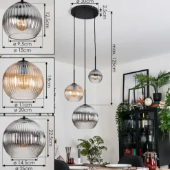 hofstein Koyoto Suspension, Boule lumineuse, Suspension Ambre, Clair, Fumé, 3 lumières