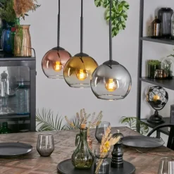 Lampes Dorées-hofstein Koyoto Suspension, Boule lumineuse, Suspension Chrome, Or, Clair, Cuivré, Fumé, 3 lumières