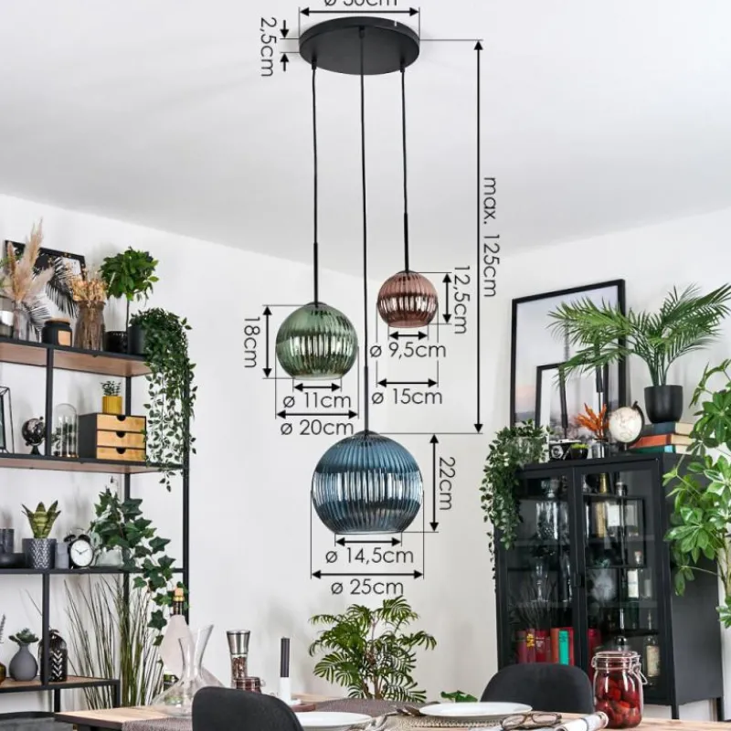 Lampes À Boules-hofstein Koyoto Suspension, Boule lumineuse, Suspension 30 cm Bleu, Vert, Cuivré, 3 lumières