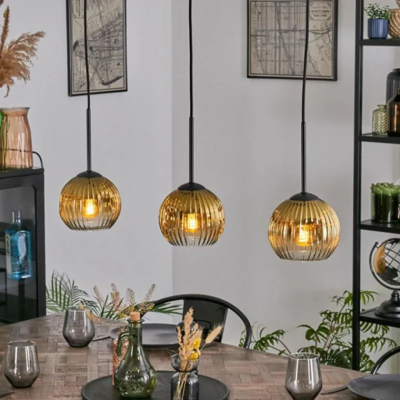 Lampes Dorées-hofstein Koyoto Suspension, Boule lumineuse, Suspension Or, Clair, 3 lumières