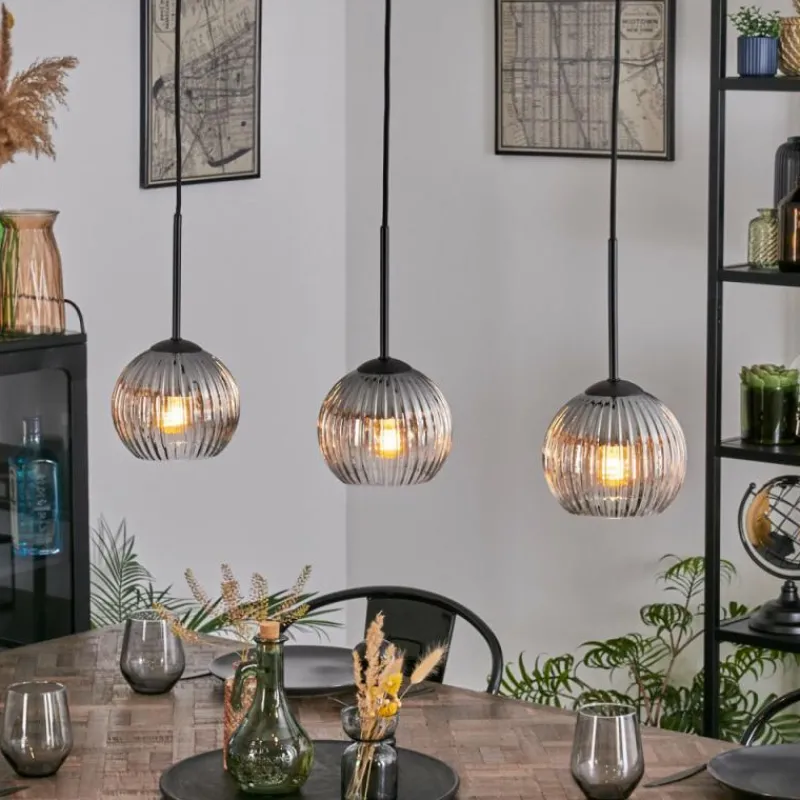 Suspension Verre Fumé-hofstein Koyoto Suspension, Boule lumineuse, Suspension Clair, Fumé, 3 lumières