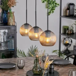 hofstein Koyoto Suspension, Boule lumineuse, Suspension Ambre, 3 lumières