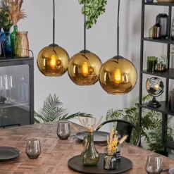 hofstein Koyoto Suspension, Boule lumineuse, Suspension Or, 3 lumières